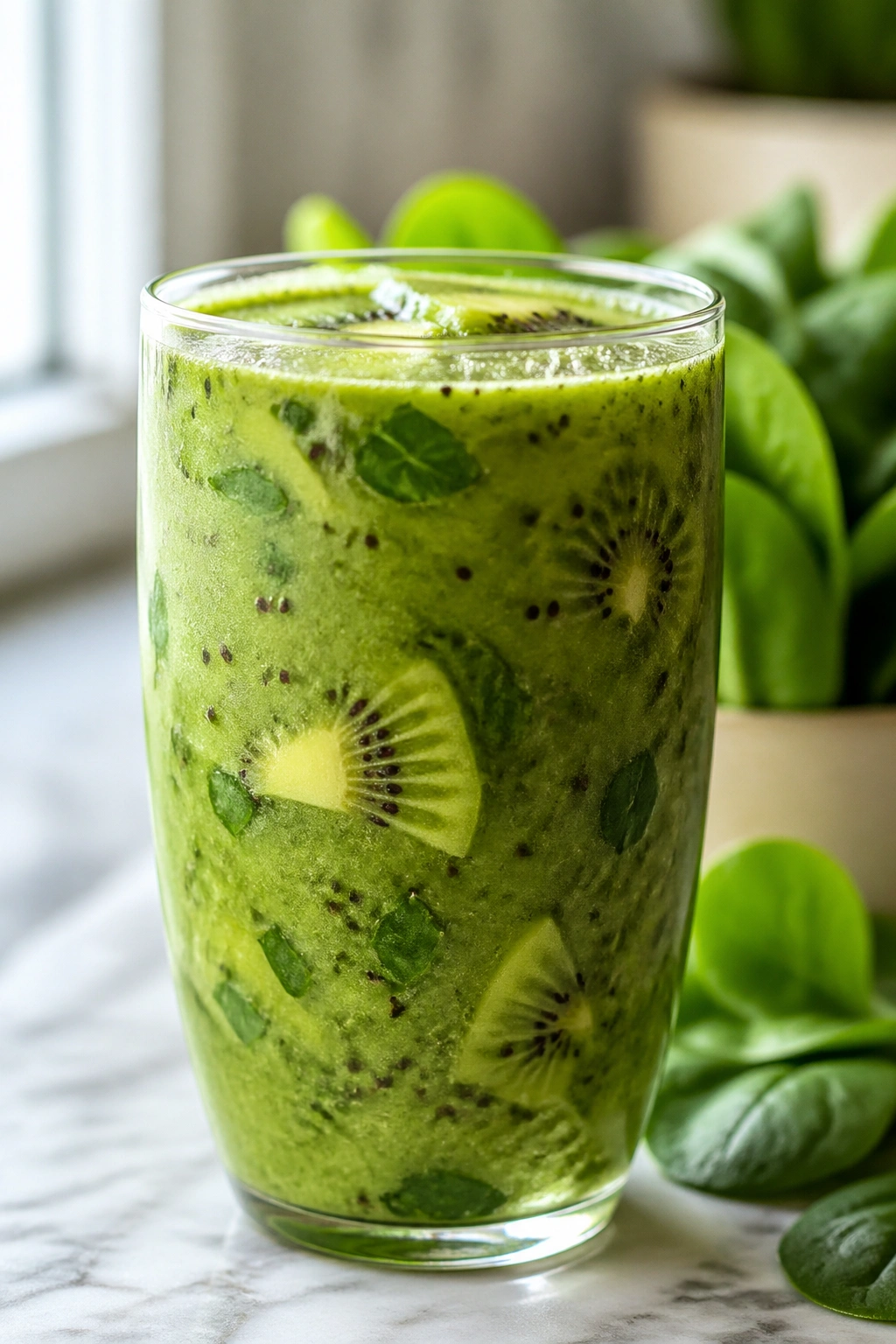 Close-up of Kiwi Spinach Citrus Smoothie in a glass on a kitchen counter