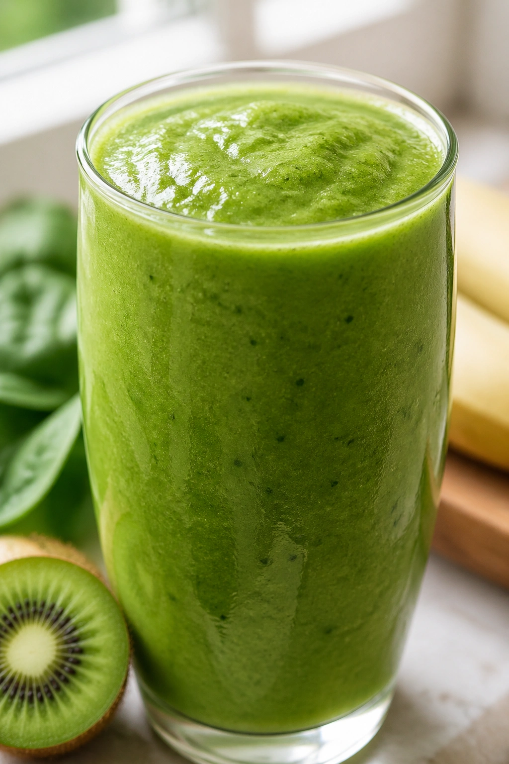 Close-up of vibrant kiwi spinach smoothie in a glass
