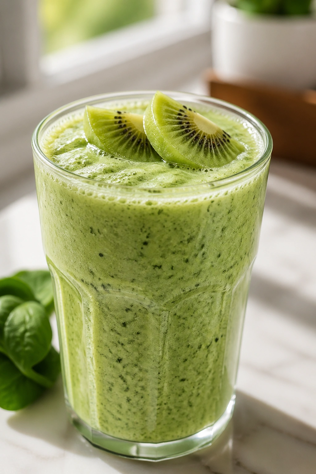 Close-up of kiwi spinach vanilla shake in a glass on a kitchen counter
