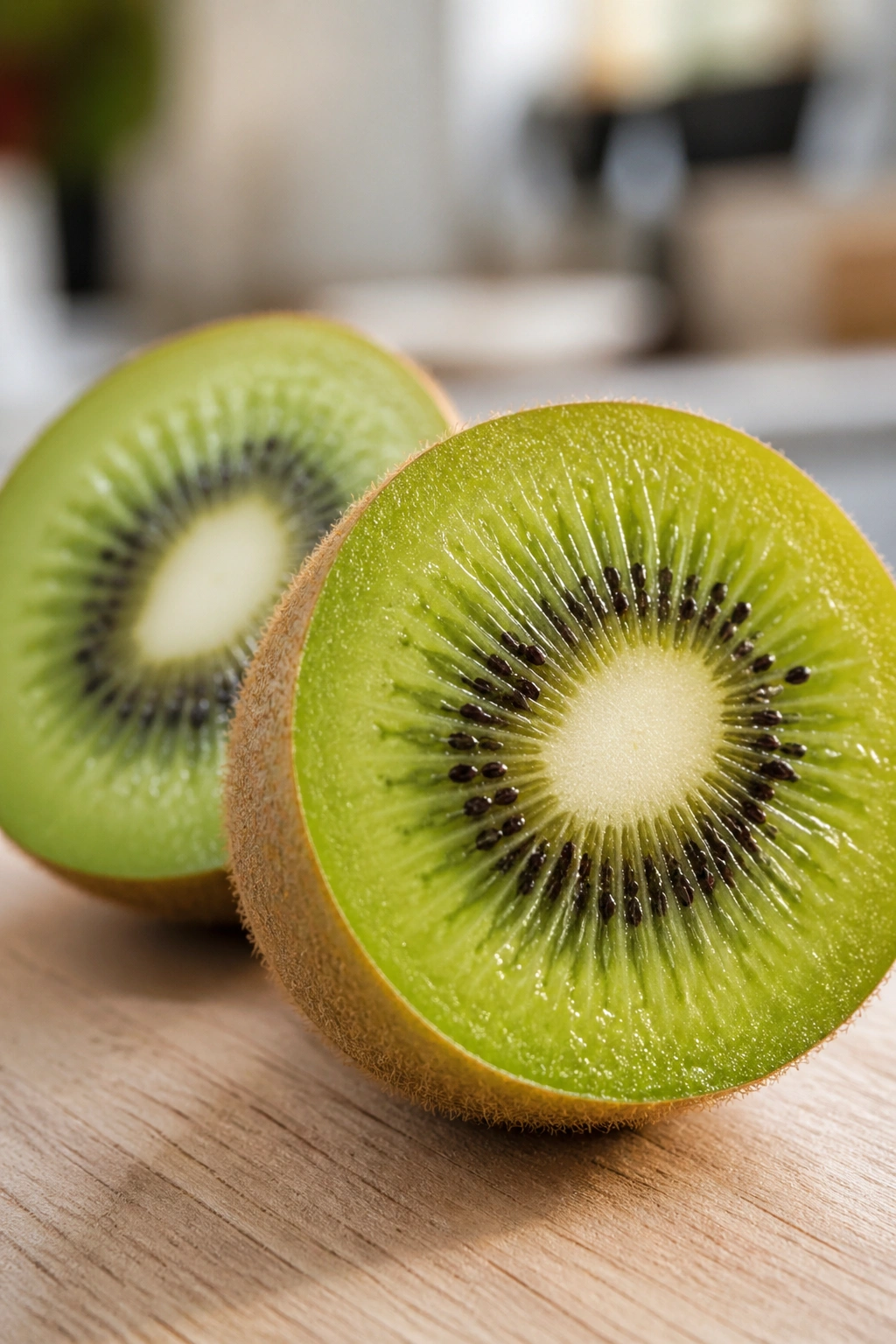 Two kiwi halves with bright green flesh