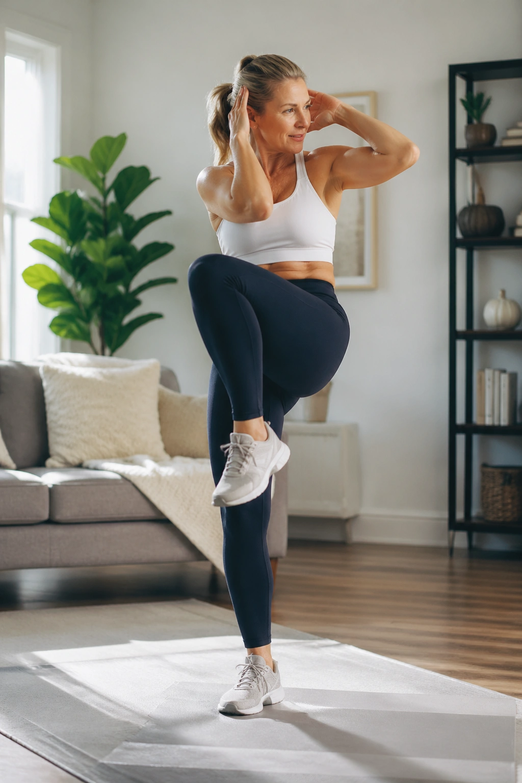 Woman performing standing knee-to-elbow march with torso rotation