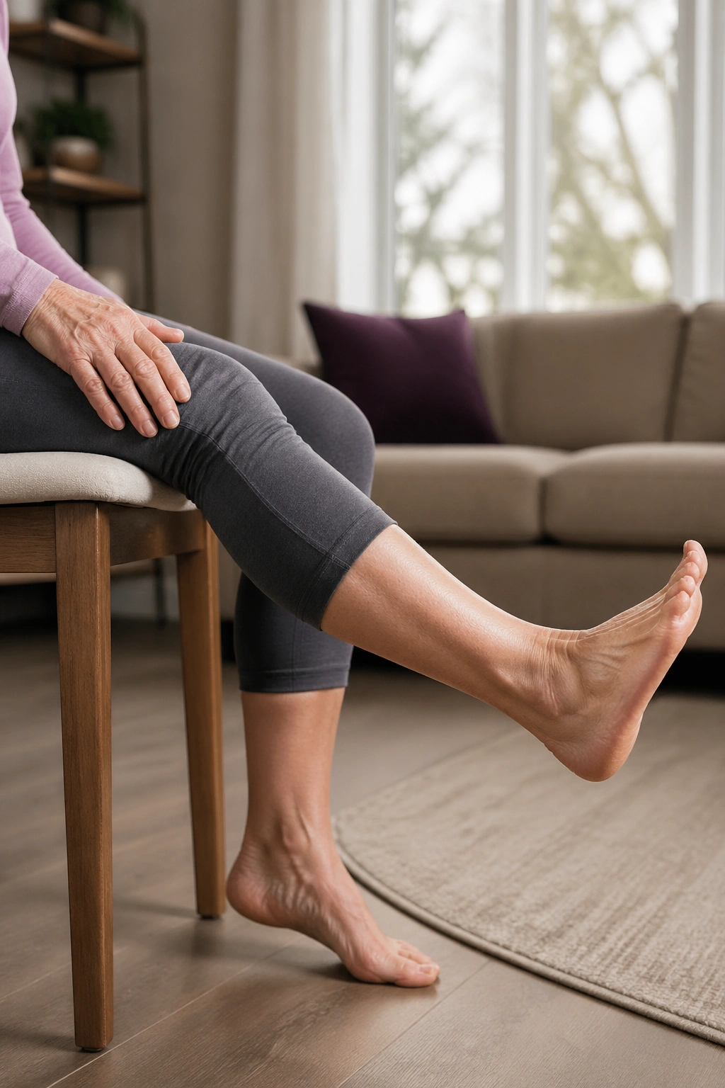 Senior leg performing knee straighten and point in seated position