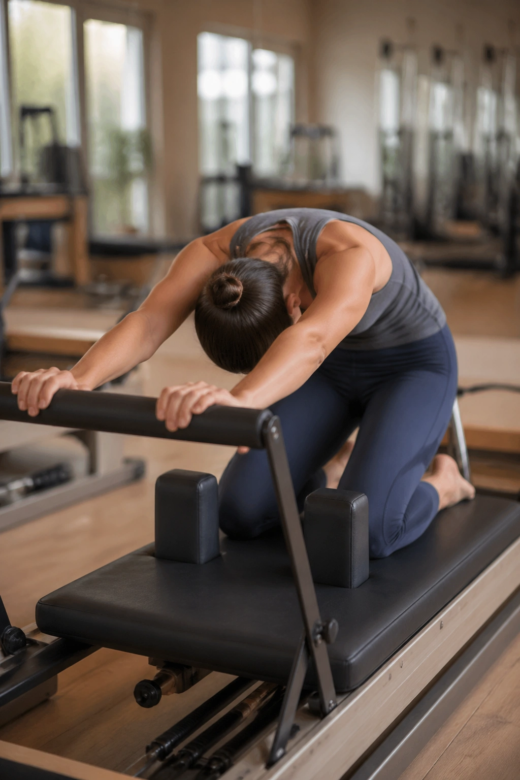 Real person kneeling on the reformer performing Knee Stretches with a scooped trunk.