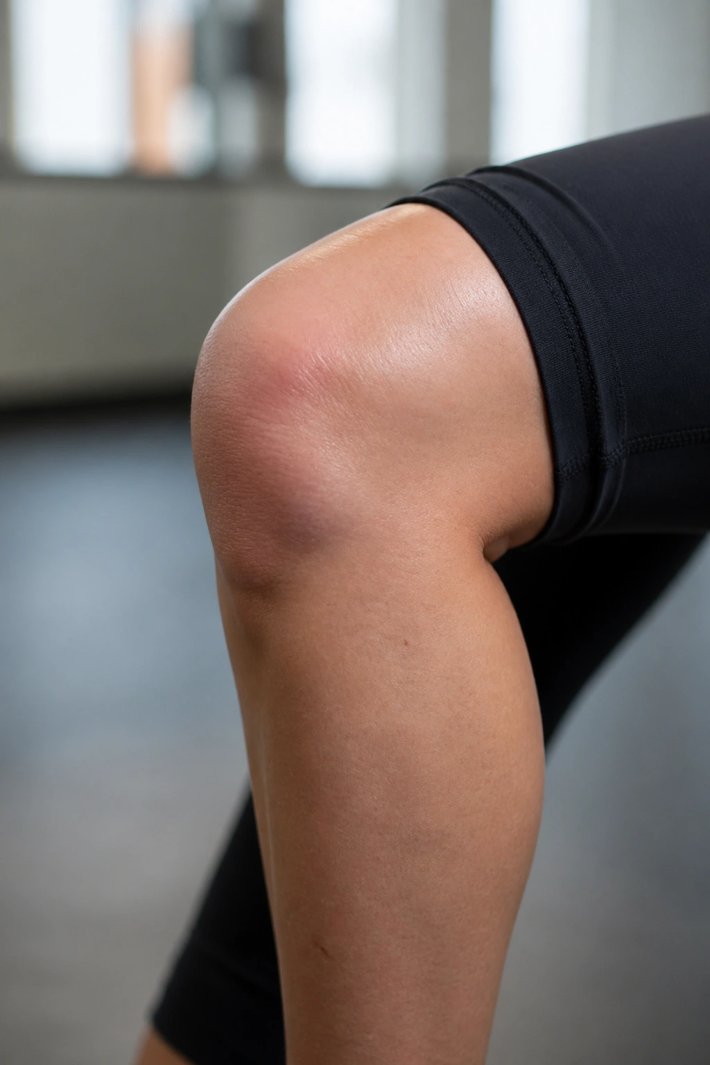 Close-up of a swollen knee in a gentle bend, illustrating knee irritation and need for smart warm-up