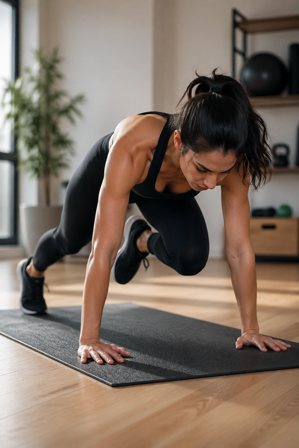 Real person in Knee-to-Elbow Plank with knee toward elbow on a yoga mat