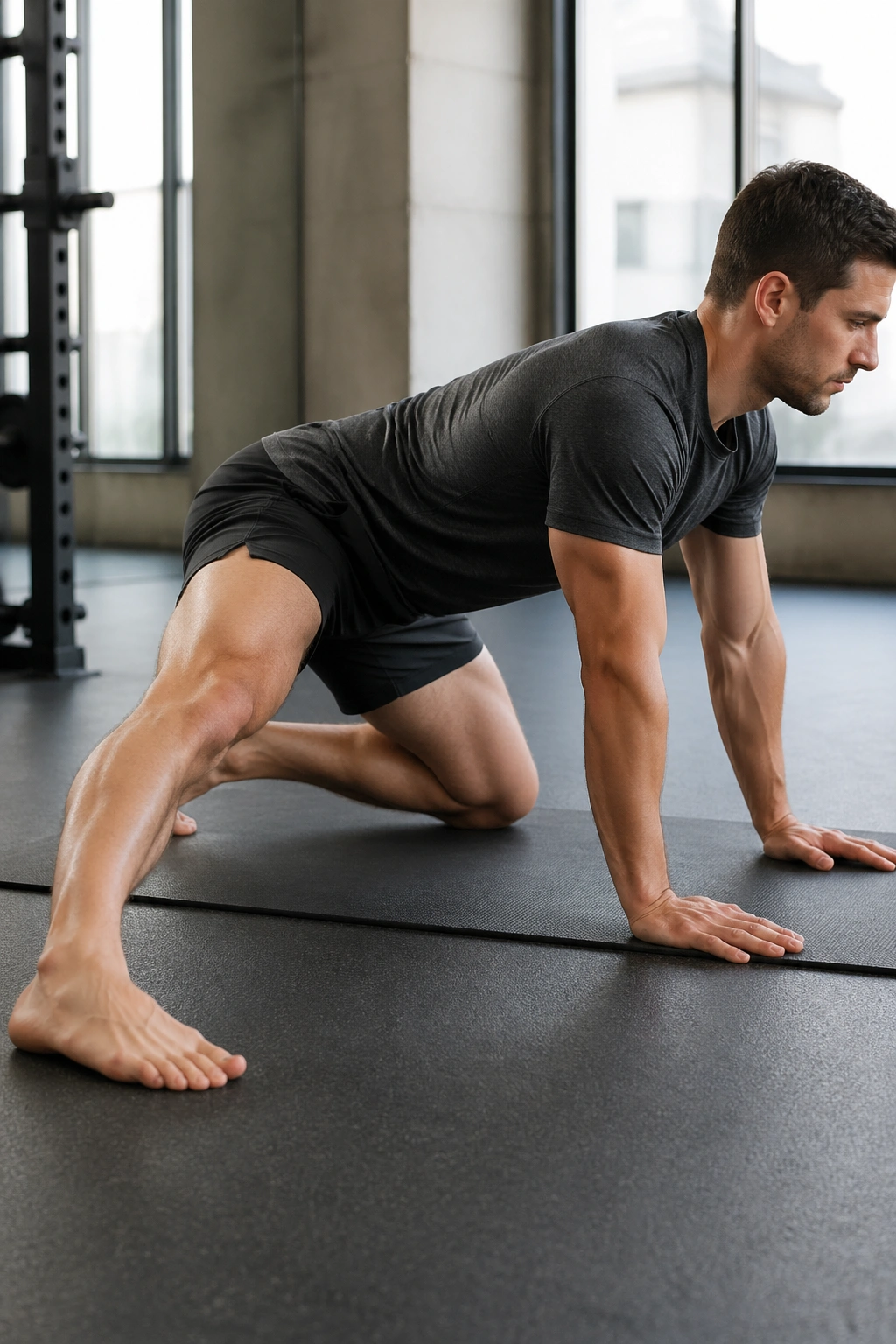 Person performing kneeling adductor rock-back on gym mat to stretch inner thigh