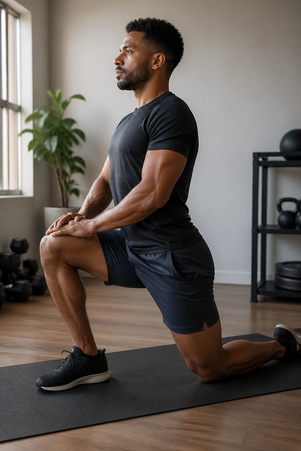 Medium close-up of a person in kneeling hip flexor stretch with pelvis tucked.