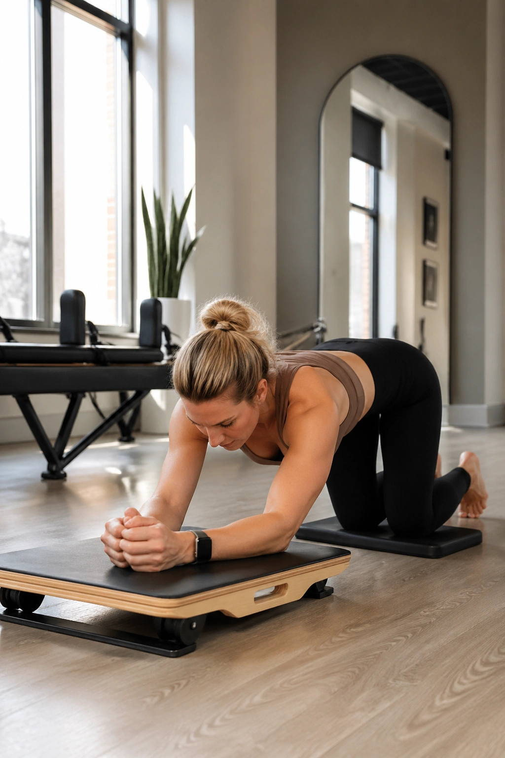 Person kneeling on pad performing Kneeling Pilates Board Rollouts with forearms on board.