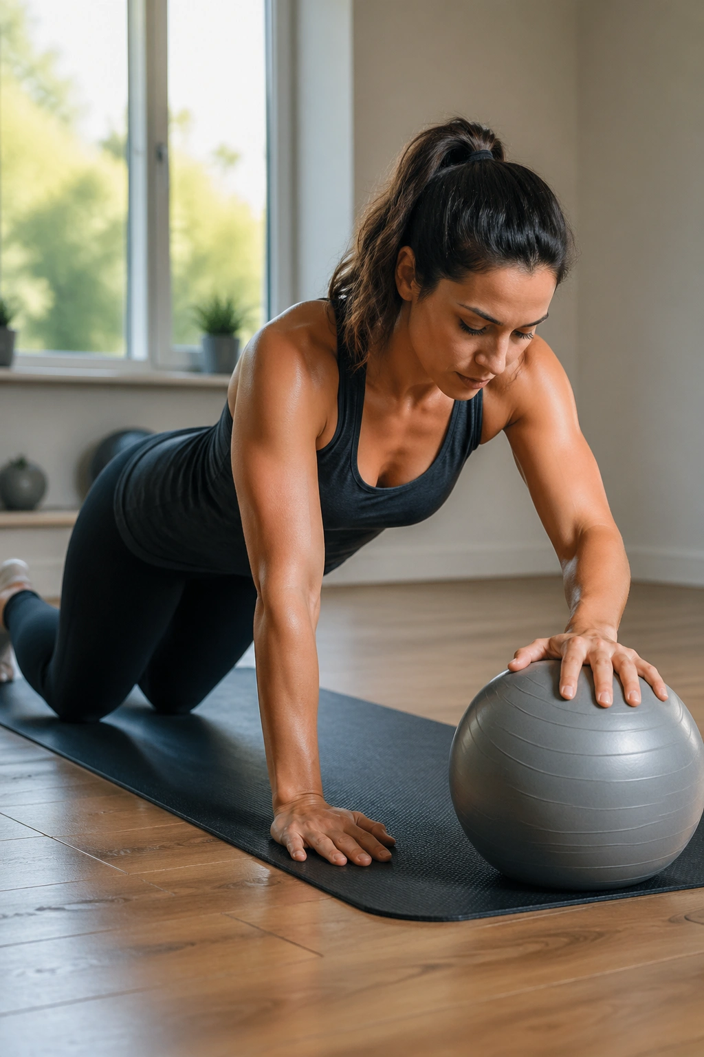 Kneeling plank on stability ball: torso alignment, one hand on ball, mat beneath.