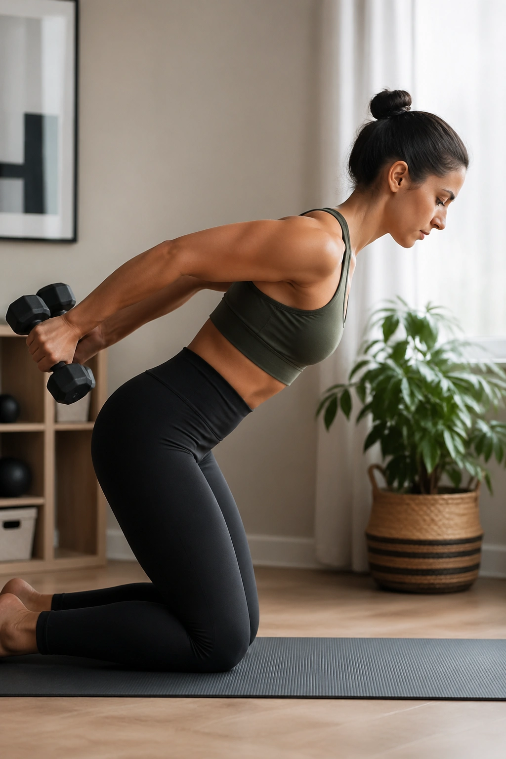 Real person performing Kneeling Triceps Kickbacks with dumbbells on a mat