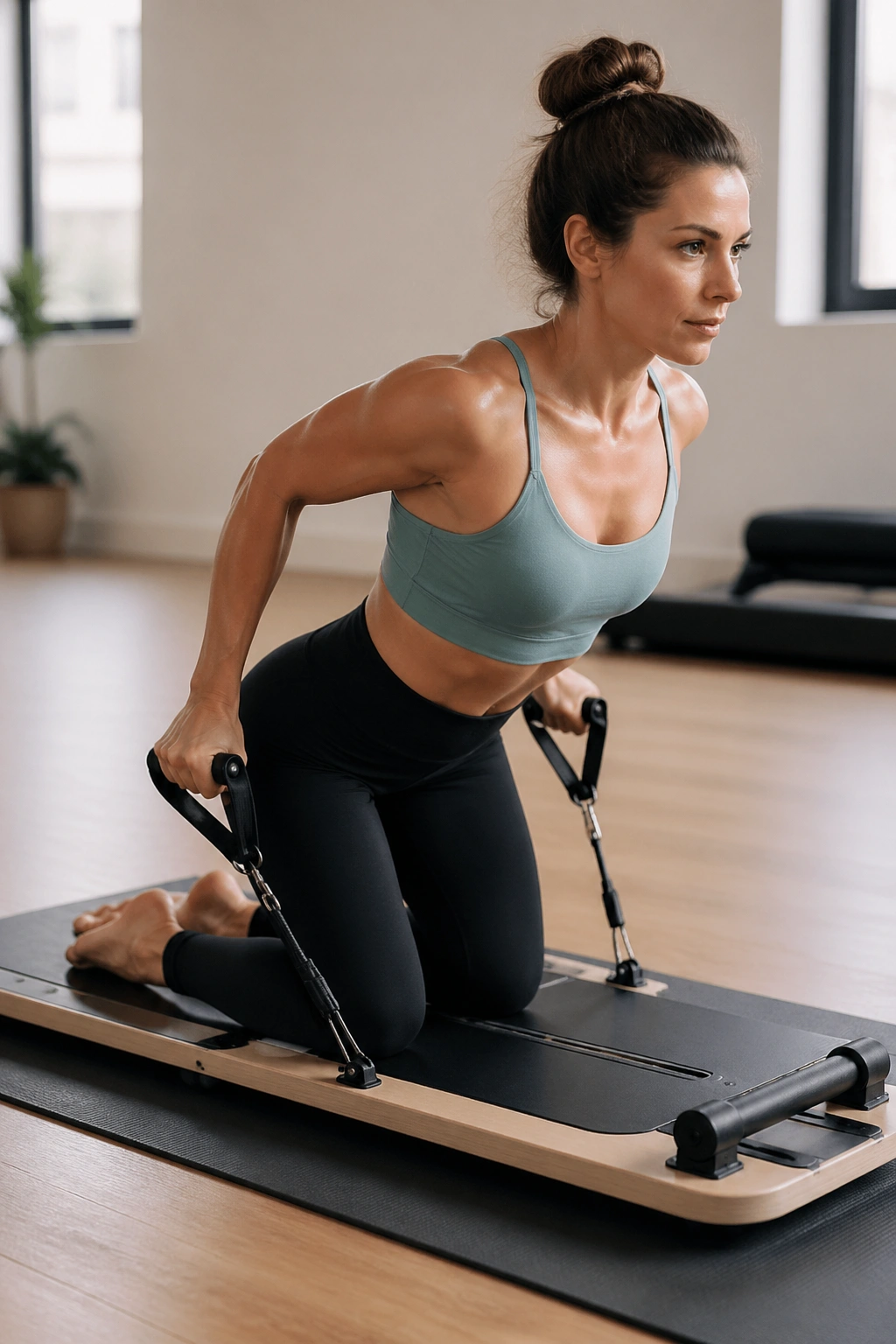 Close-up of a person kneeling behind a Pilates board performing triceps press-back with elbows tucked