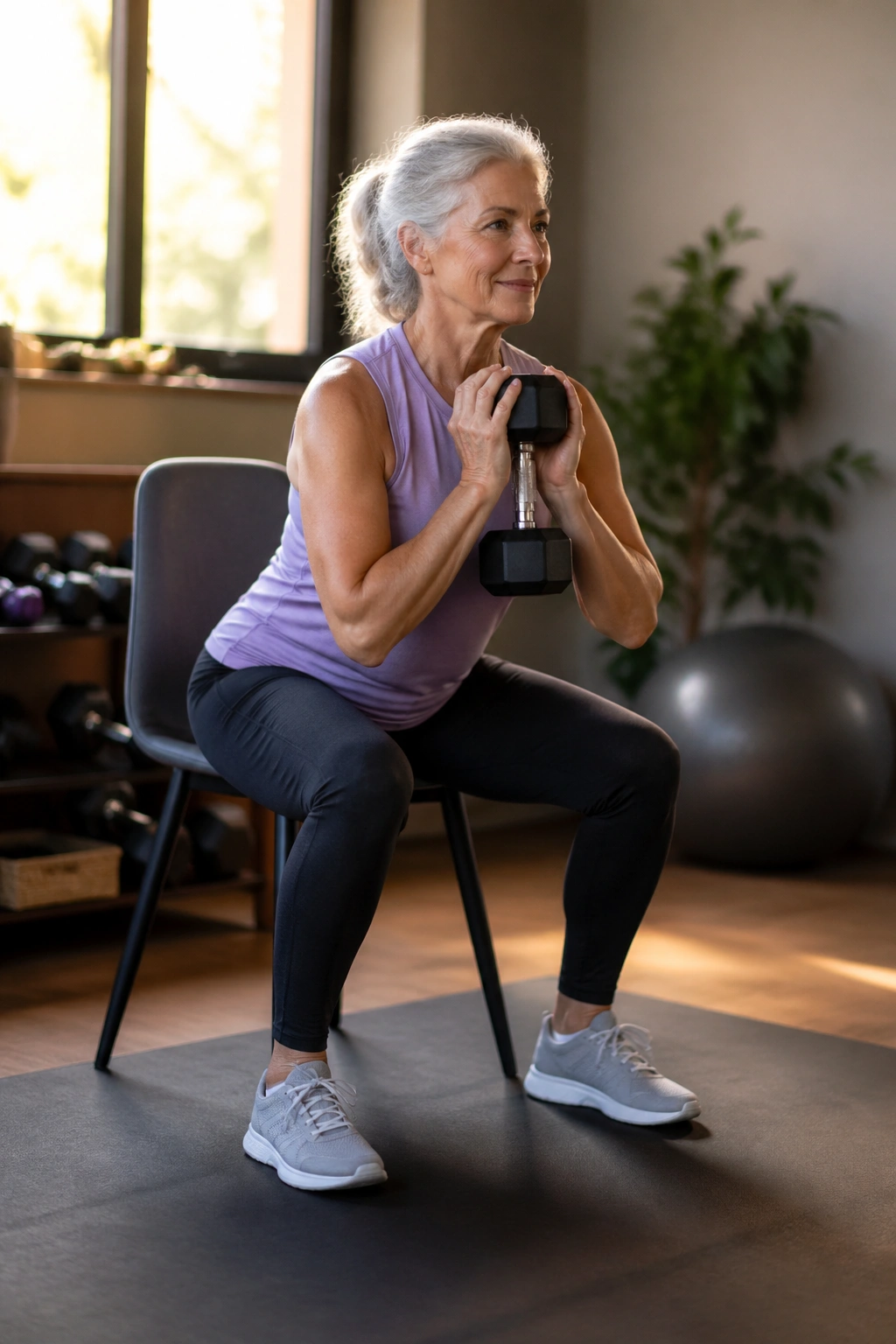 Woman over 50 demonstrating a chair-assisted goblet squat for knee-friendly swap