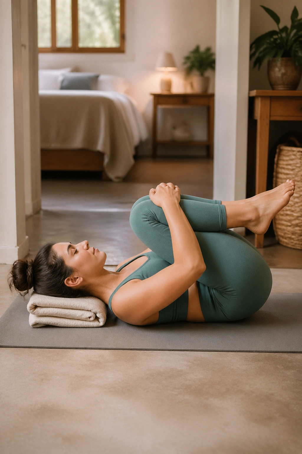 Person in knees-to-chest pose on yoga mat in cozy bedroom.