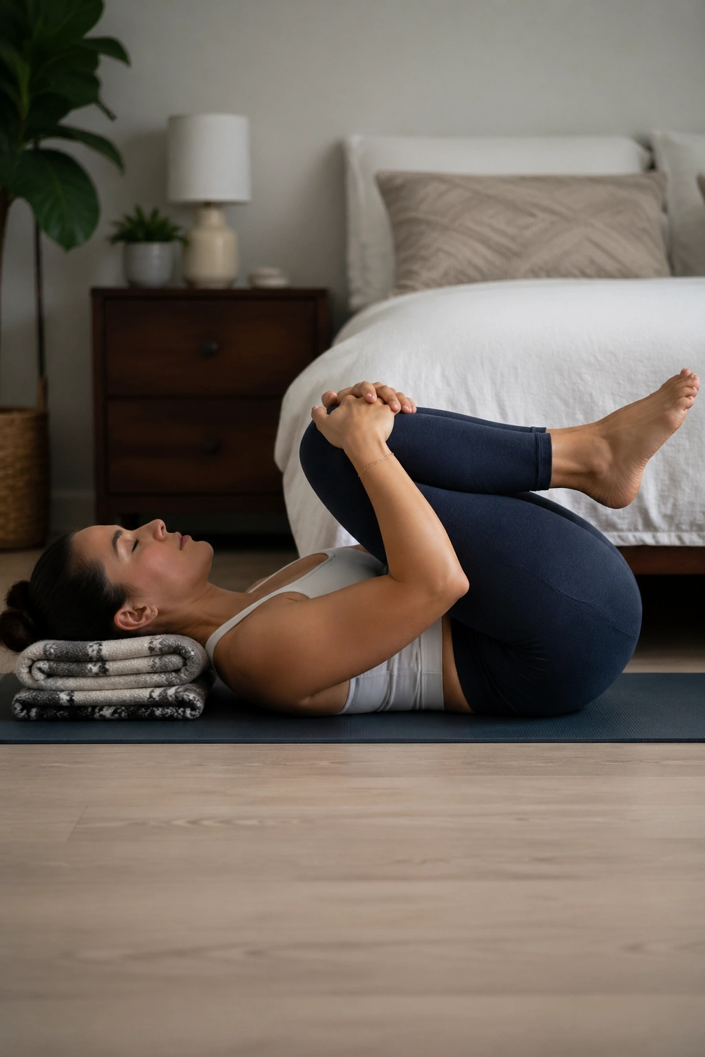 Person in knees-to-chest pose on a yoga mat in a quiet bedroom