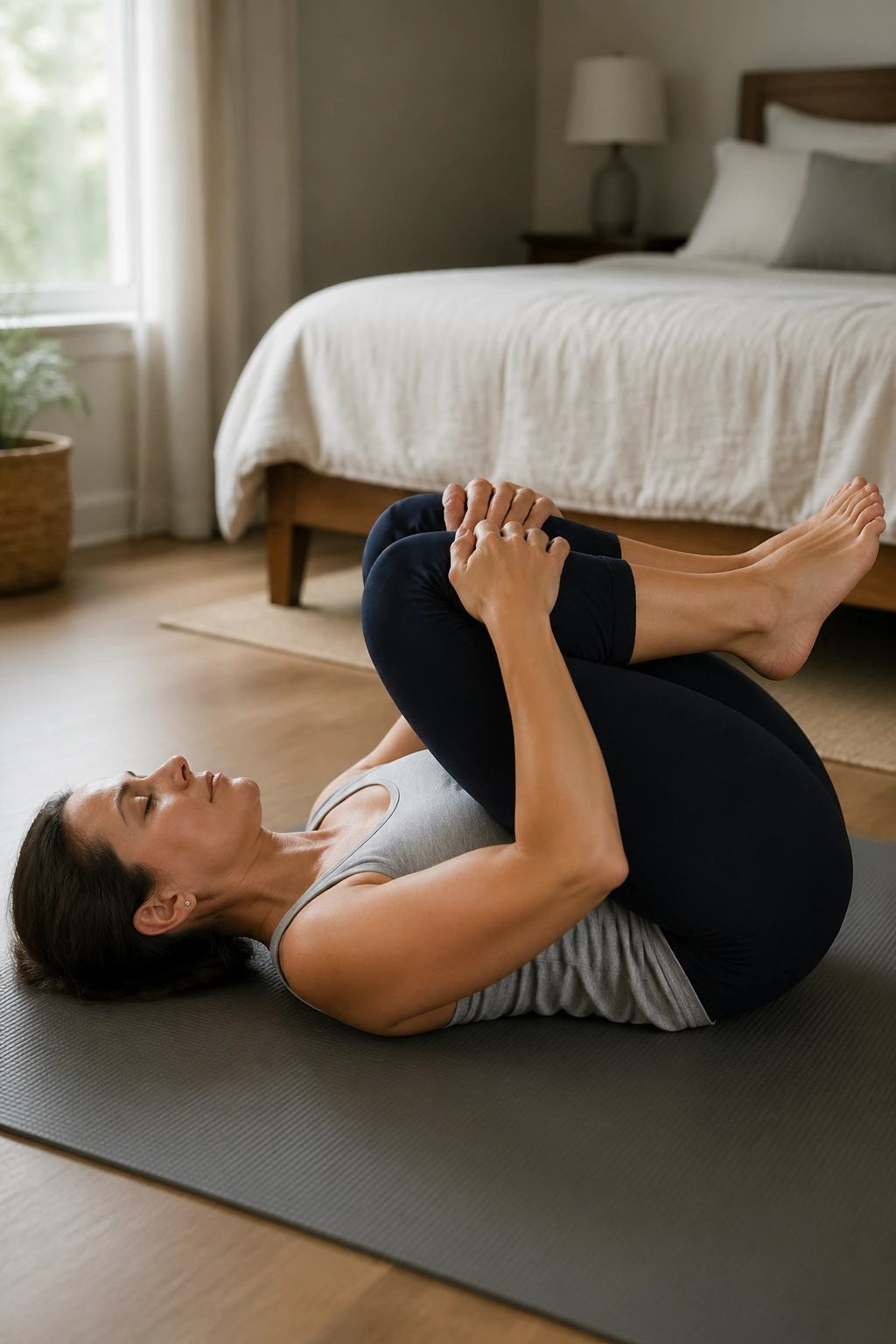Person lying on mat with knees to chest, rocking gently in a quiet bedroom