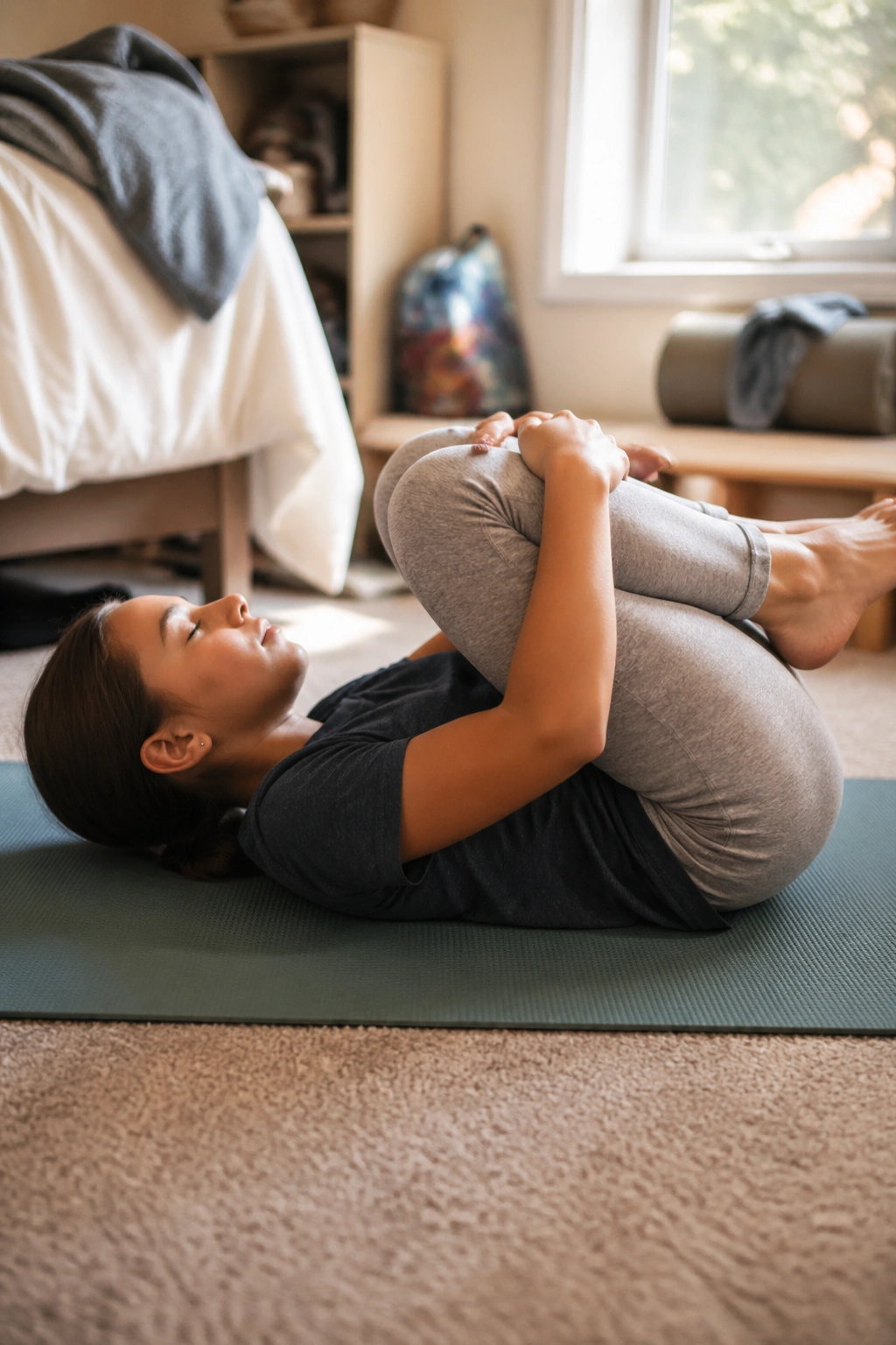 Teen lying on back hugging knees to chest on a soft mat in a cozy bedroom