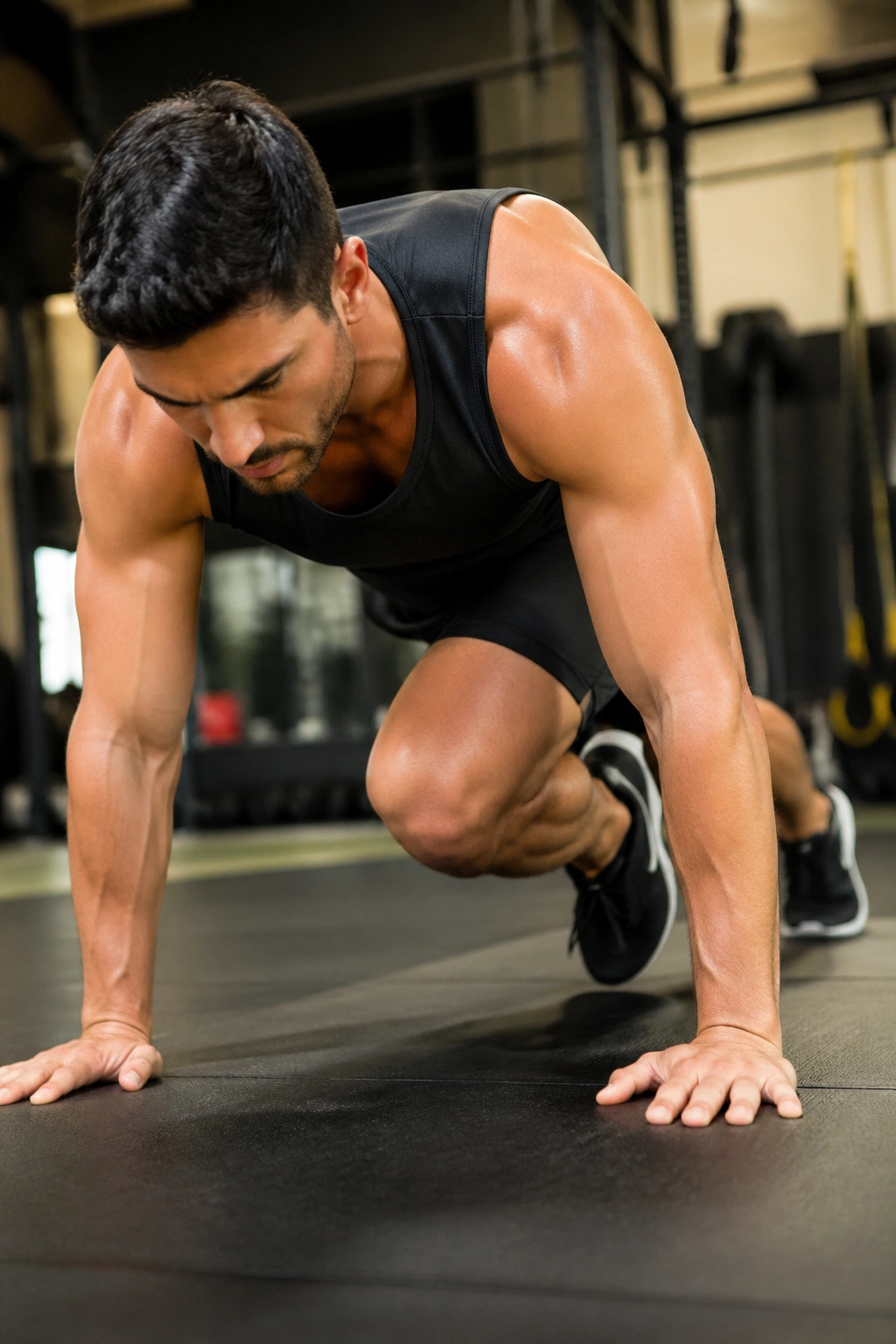 Medium close-up of a person in high plank performing mountain climbers in gym setting