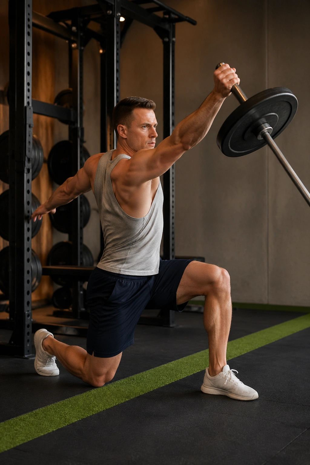Athlete performing landmine press with angled bar path and stable core
