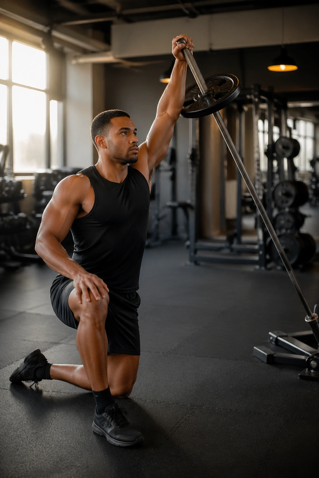 Half-kneeling lifter performing single-arm landmine press in gym