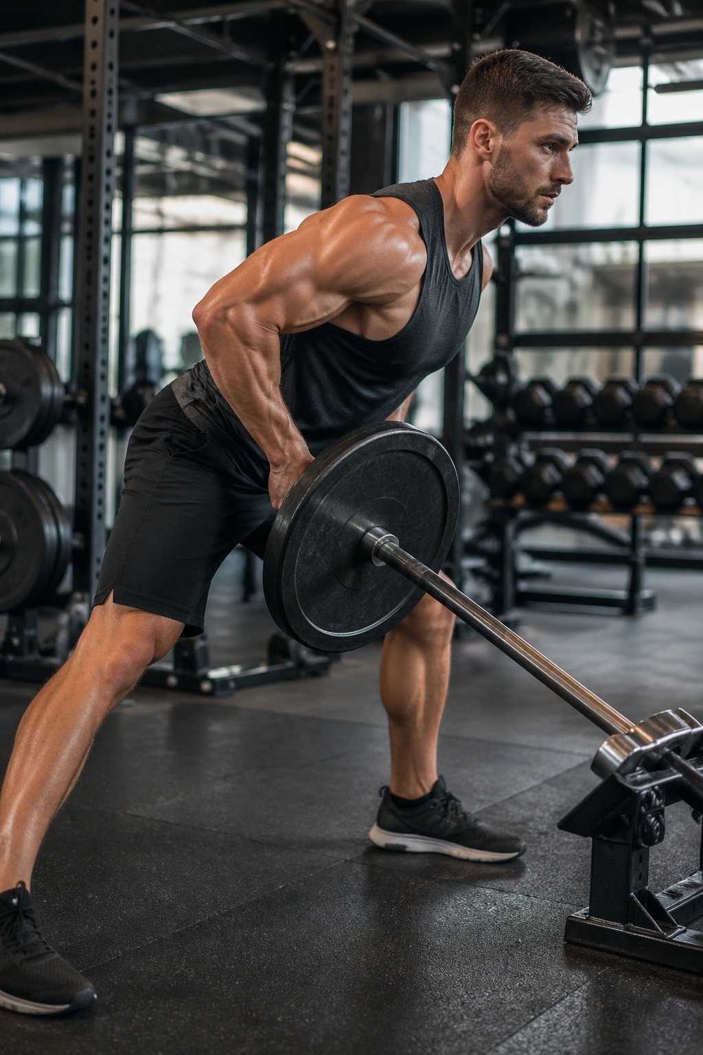 Lifter performing landmine rows in split stance emphasizing lats and upper back