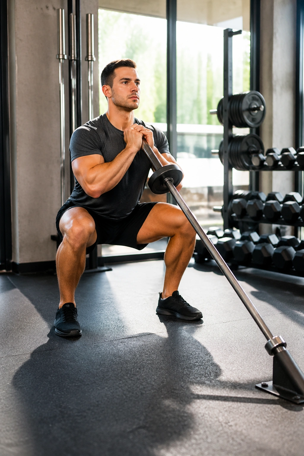 Lifter performing landmine squat with bar anchored to floor, front-loaded, torso upright