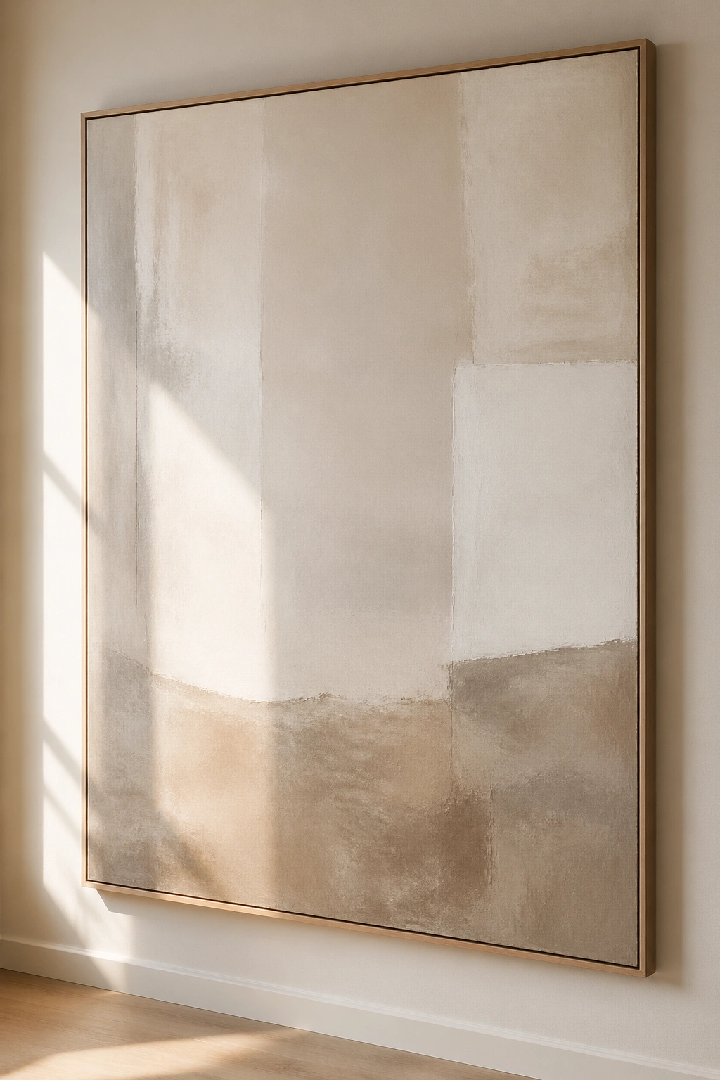 Close-up of a large abstract art piece on a calm yoga room wall