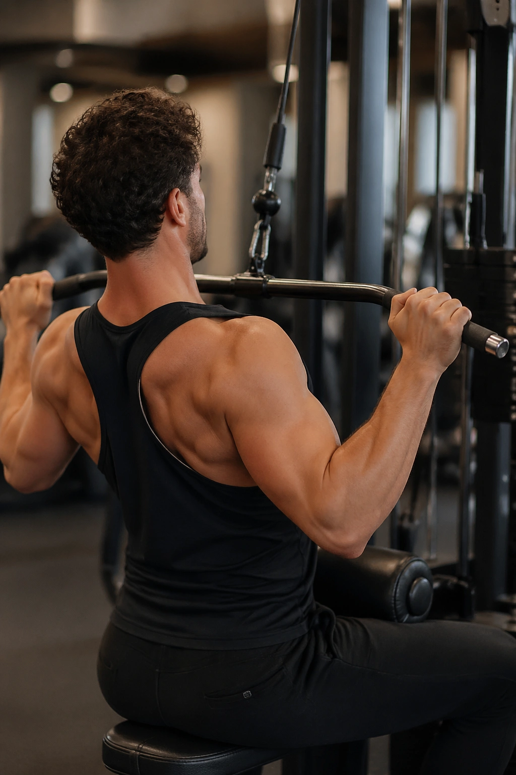 Person performing lat pulldown with bar near upper chest
