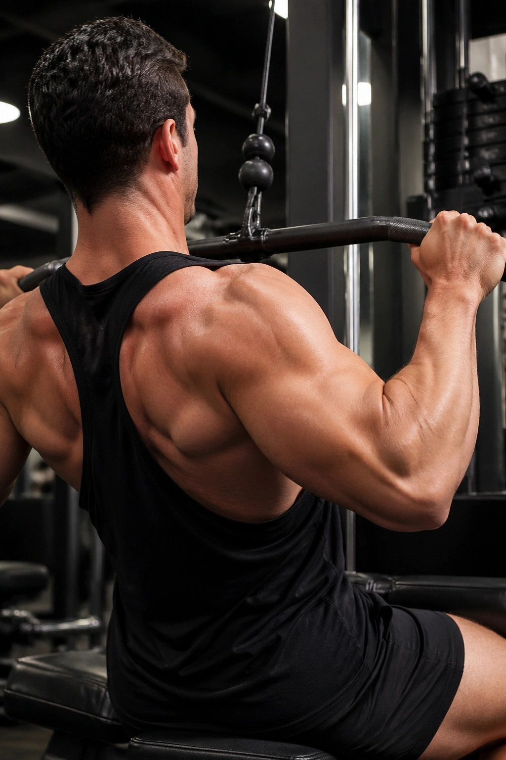 Lifter performing lat pulldown showing upper-back engagement