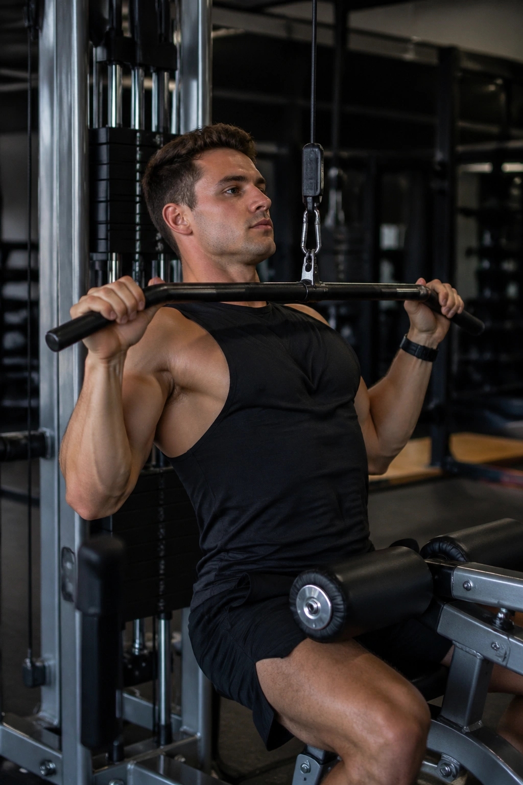 Person performing lat pulldown with controlled form to chest
