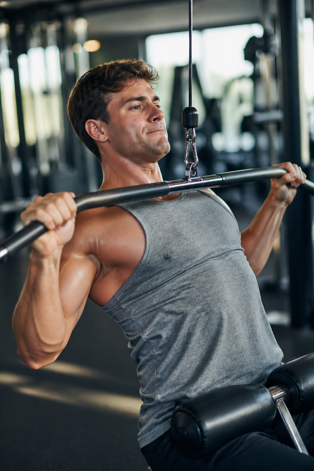 Close-up of lat pulldown to the chest on a cable machine in a gym.