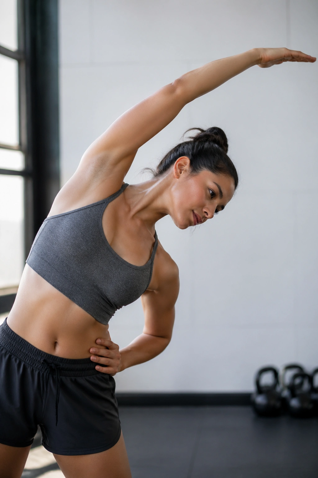Side profile of a person performing lat stretch with arm overhead