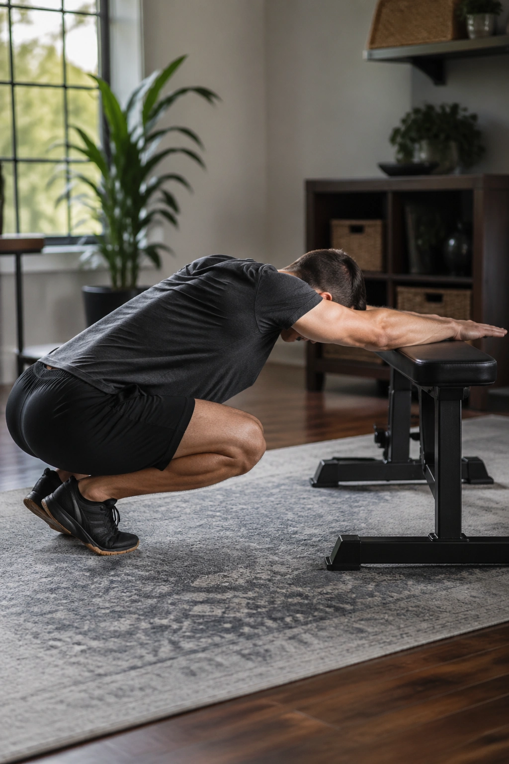 Side view of a person performing bench lat stretch on a bench