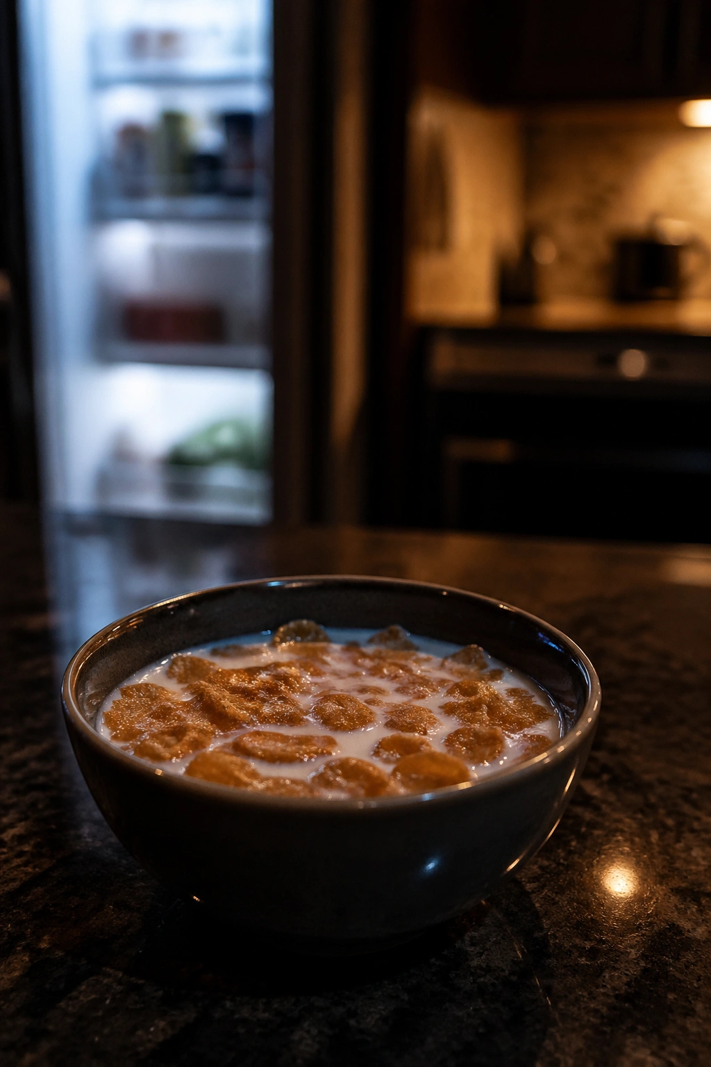 Dimly lit kitchen with a bowl of cereal for late-night eating