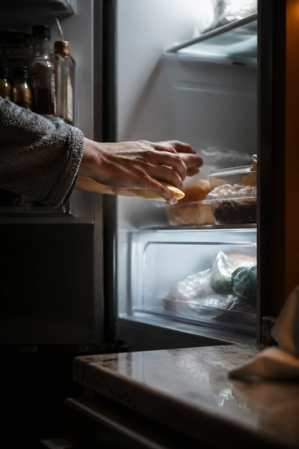 Hand reaching into a fridge for a late-night snack