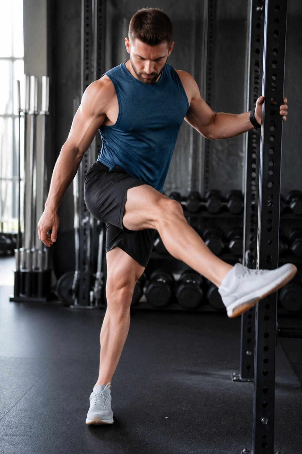 Close-up of cross-body leg swing opening the inner thigh and outer hip