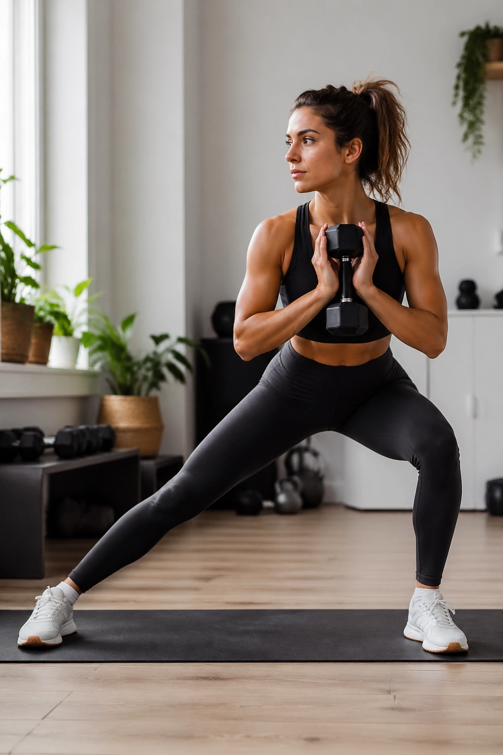 Side view of a lateral lunge with goblet dumbbell in a clean home gym