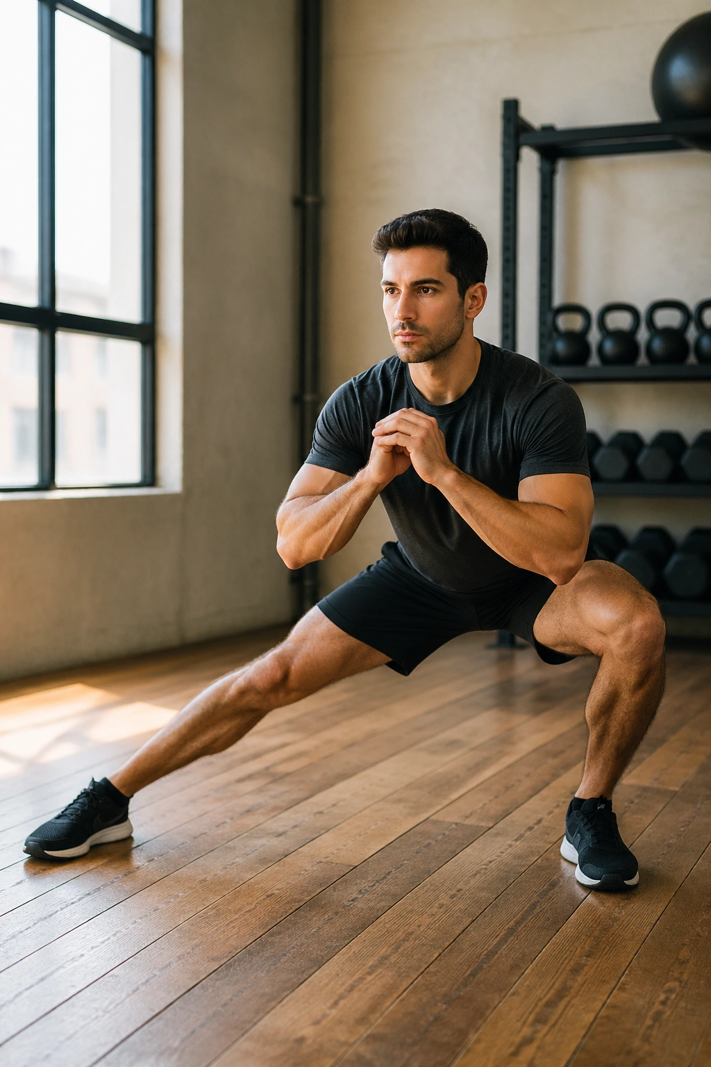 Mid-shot of a person performing a lateral lunge stretch