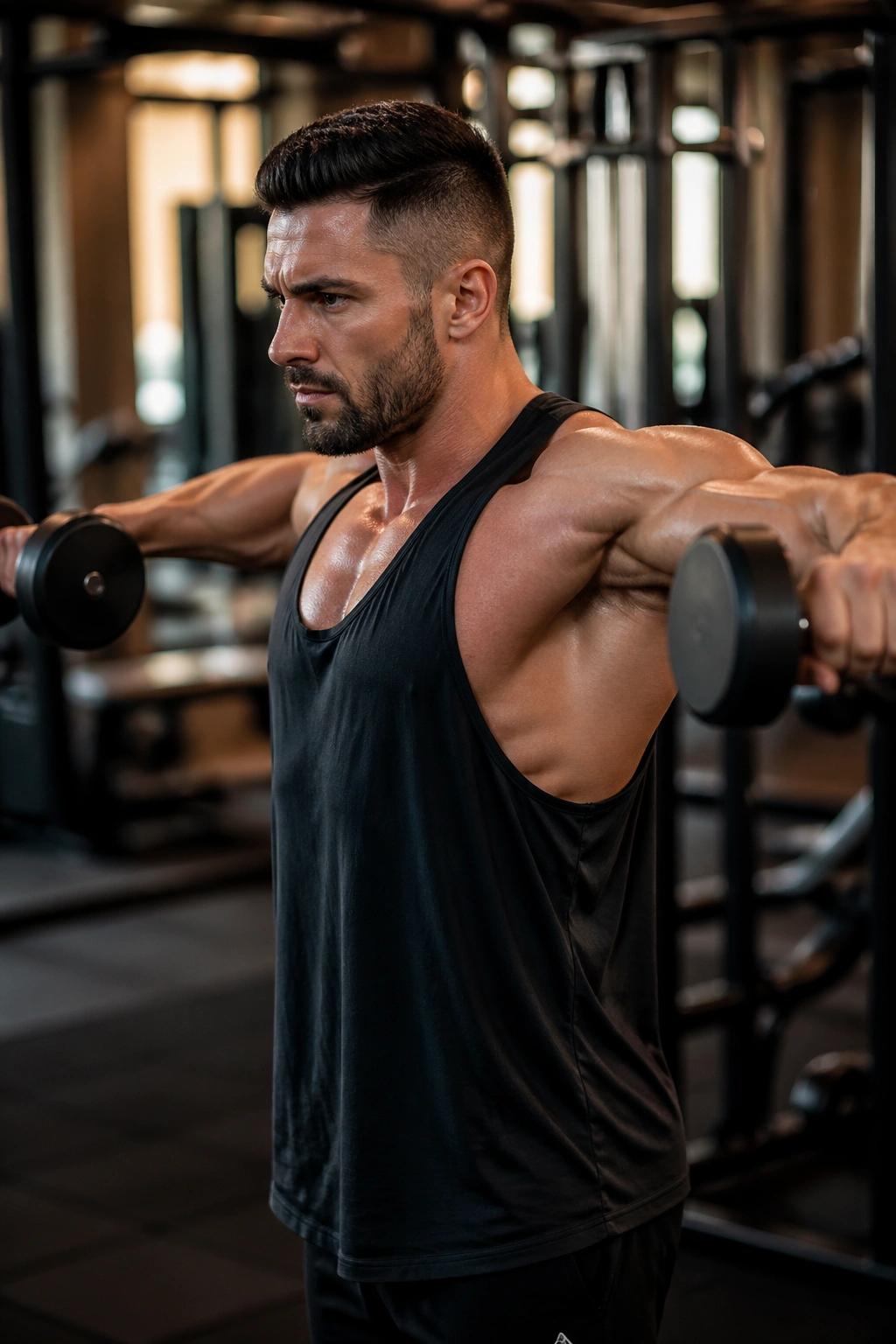 Upper body close-up of a lifter performing a lateral raise in a gym