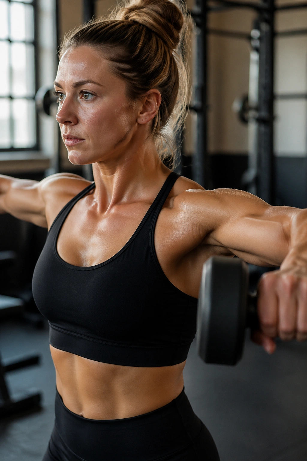 Shoulder-focused shot of a person doing a strict lateral raise with dumbbells to shoulder height.