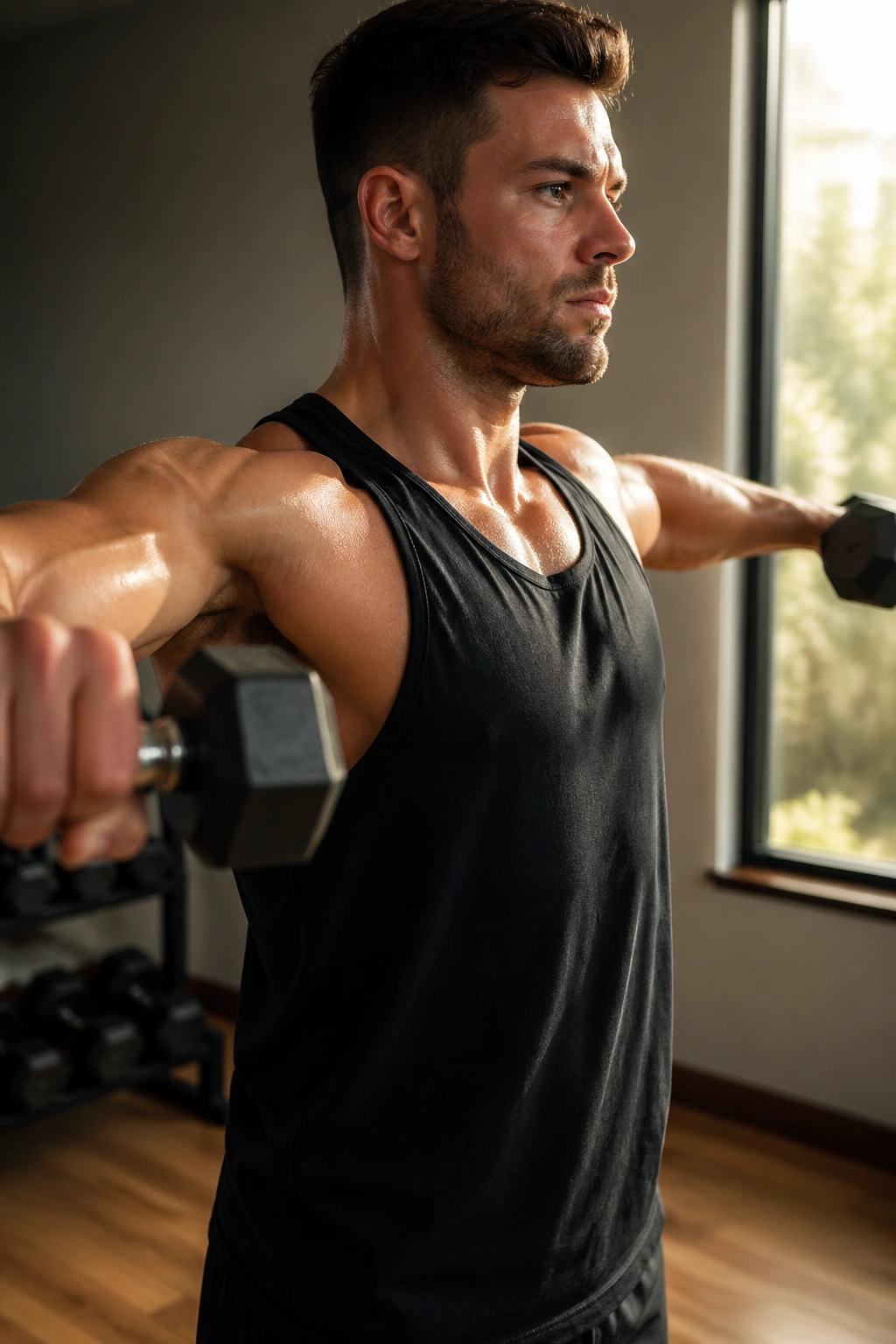 Close-up of a person performing lateral raises to build shoulder width, side deltoids engaged