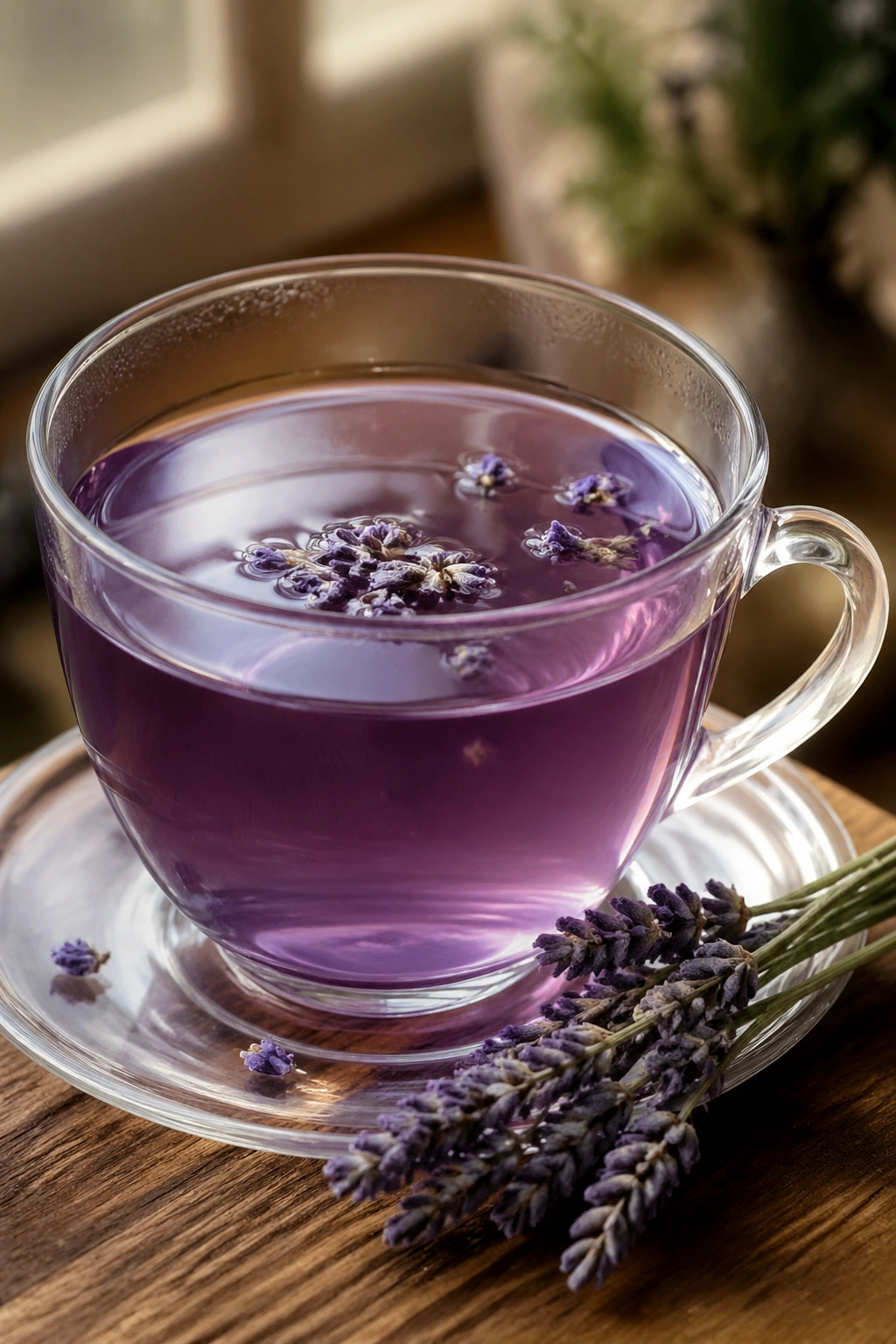 Close-up of lavender tea in a cup with a soft purple hue on a windowsill