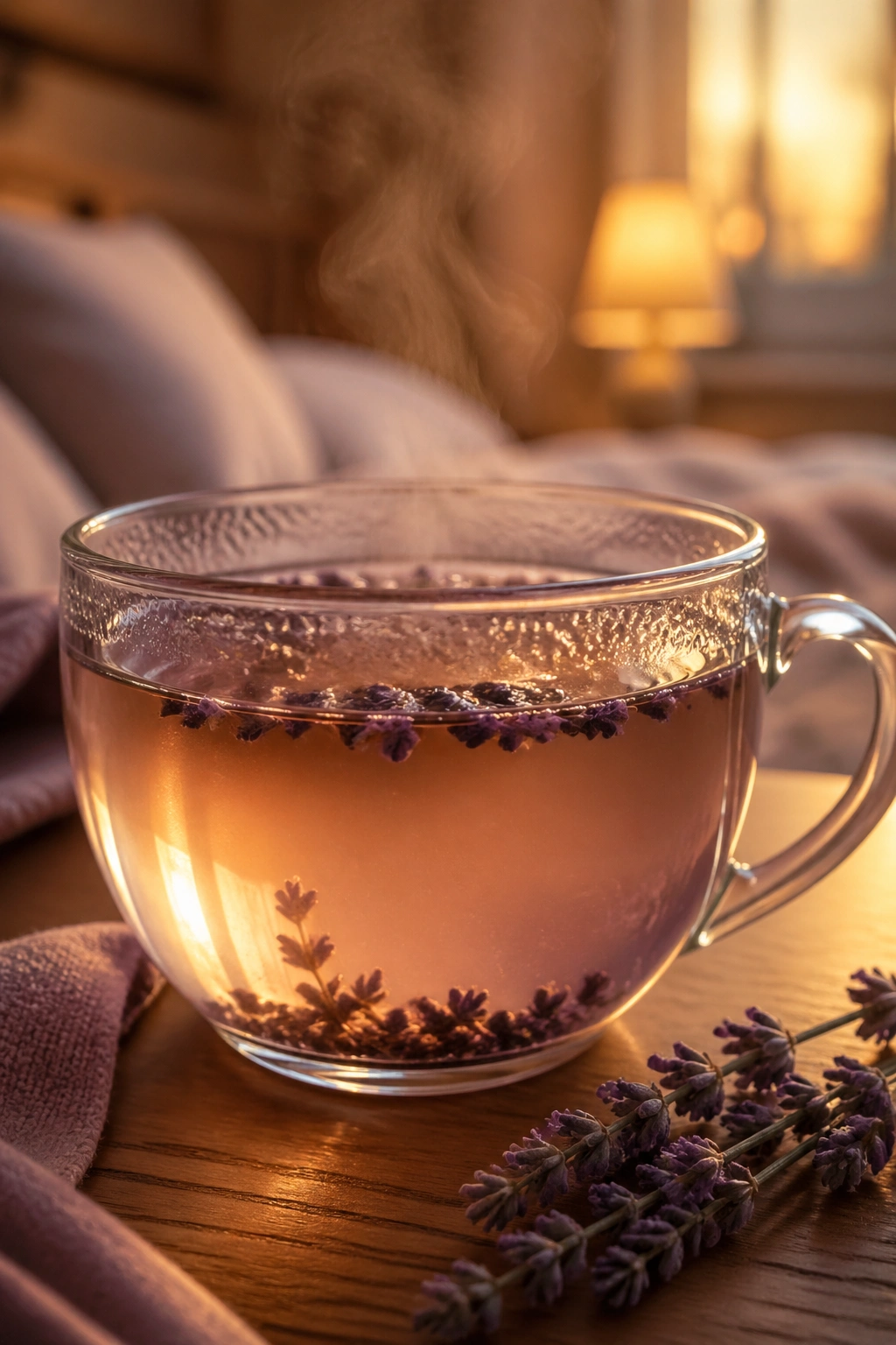 Close-up of a steaming lavender tea cup on a bedside table with warm lighting.