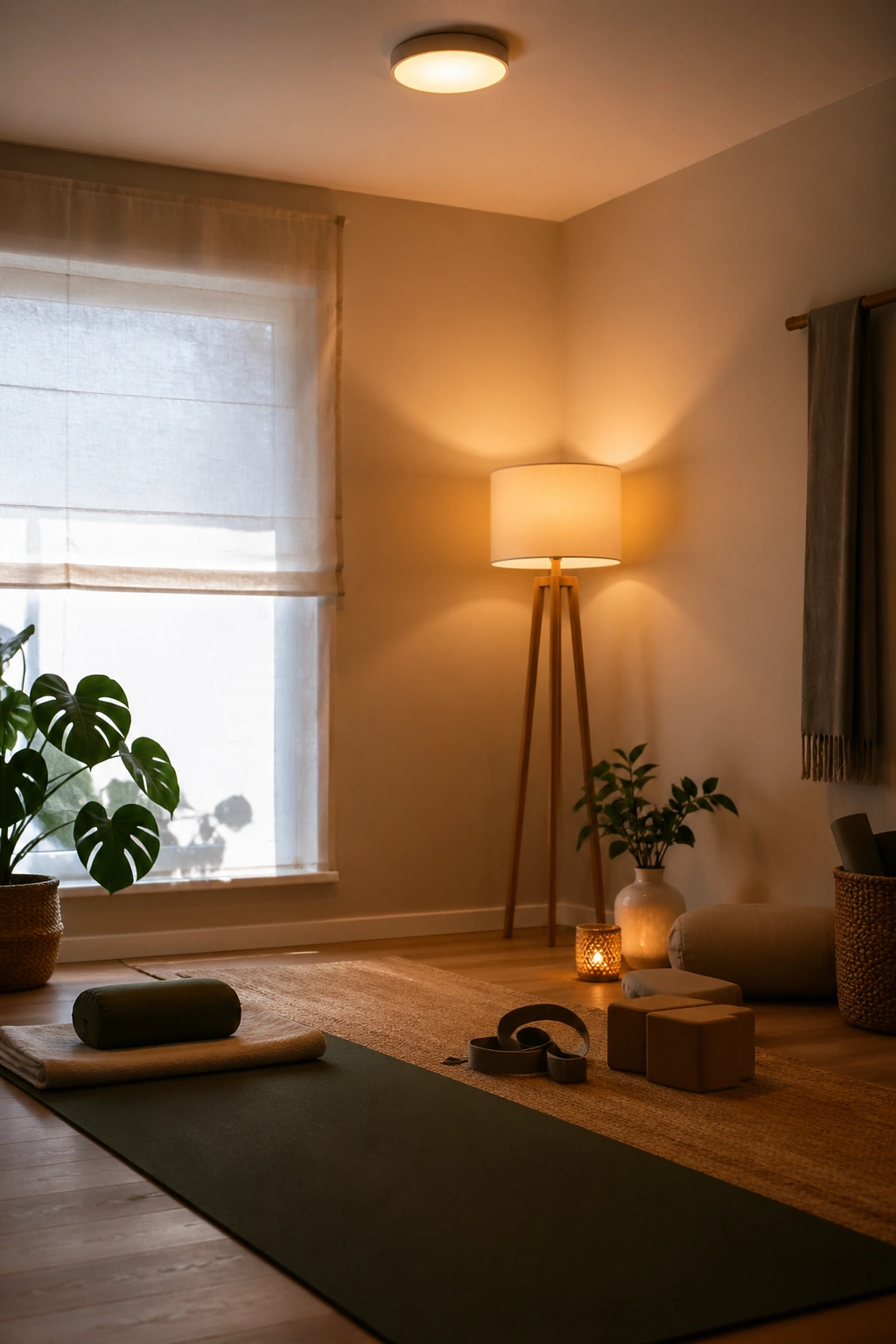 Yoga room corner with layered lighting from window, ceiling light, and floor lamp