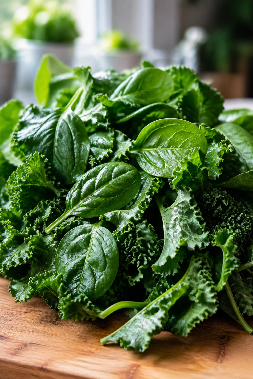 Close-up of vibrant leafy greens on cutting board