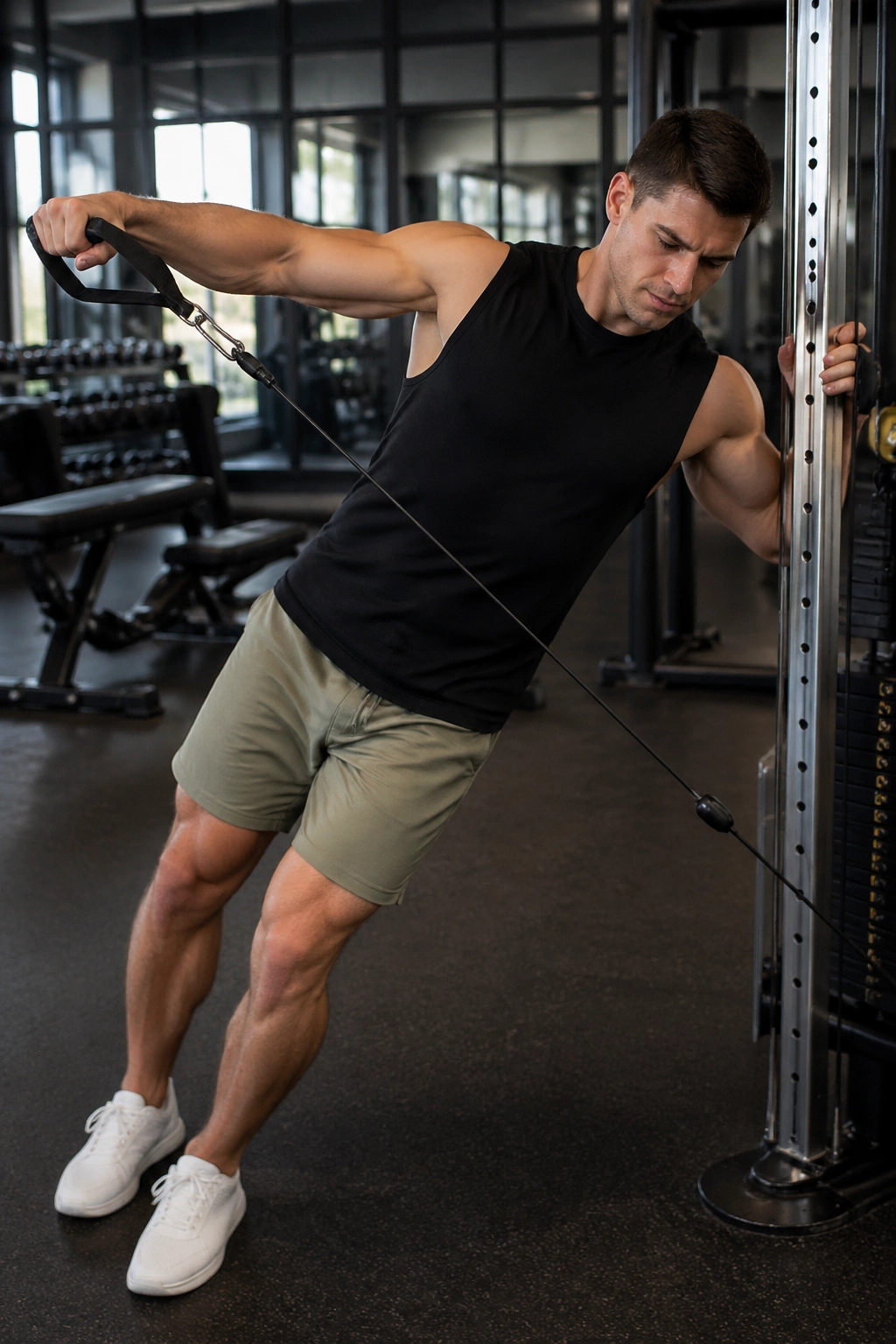 Real person performing lean-away lateral raise with cable in gym