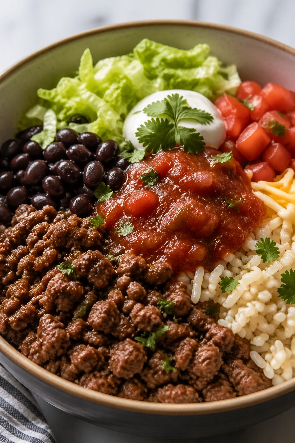Close-up of lean beef burrito bowl with rice and beans