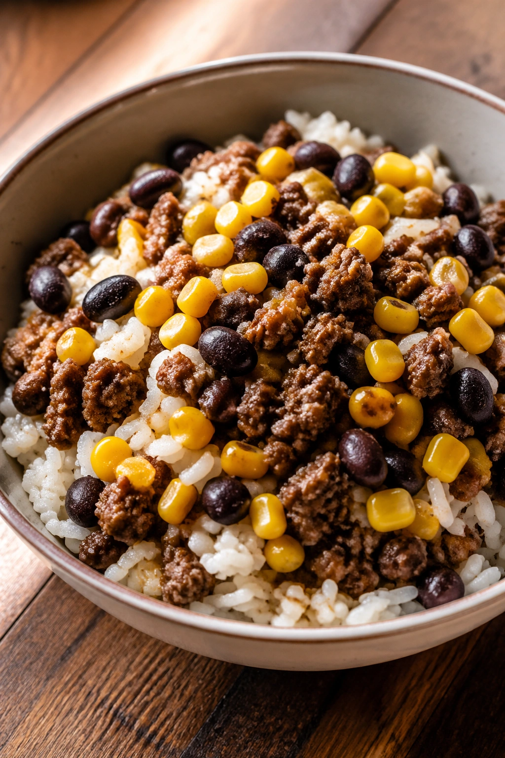 Close-up of Lean Beef Burrito Bowl with Beans and Corn