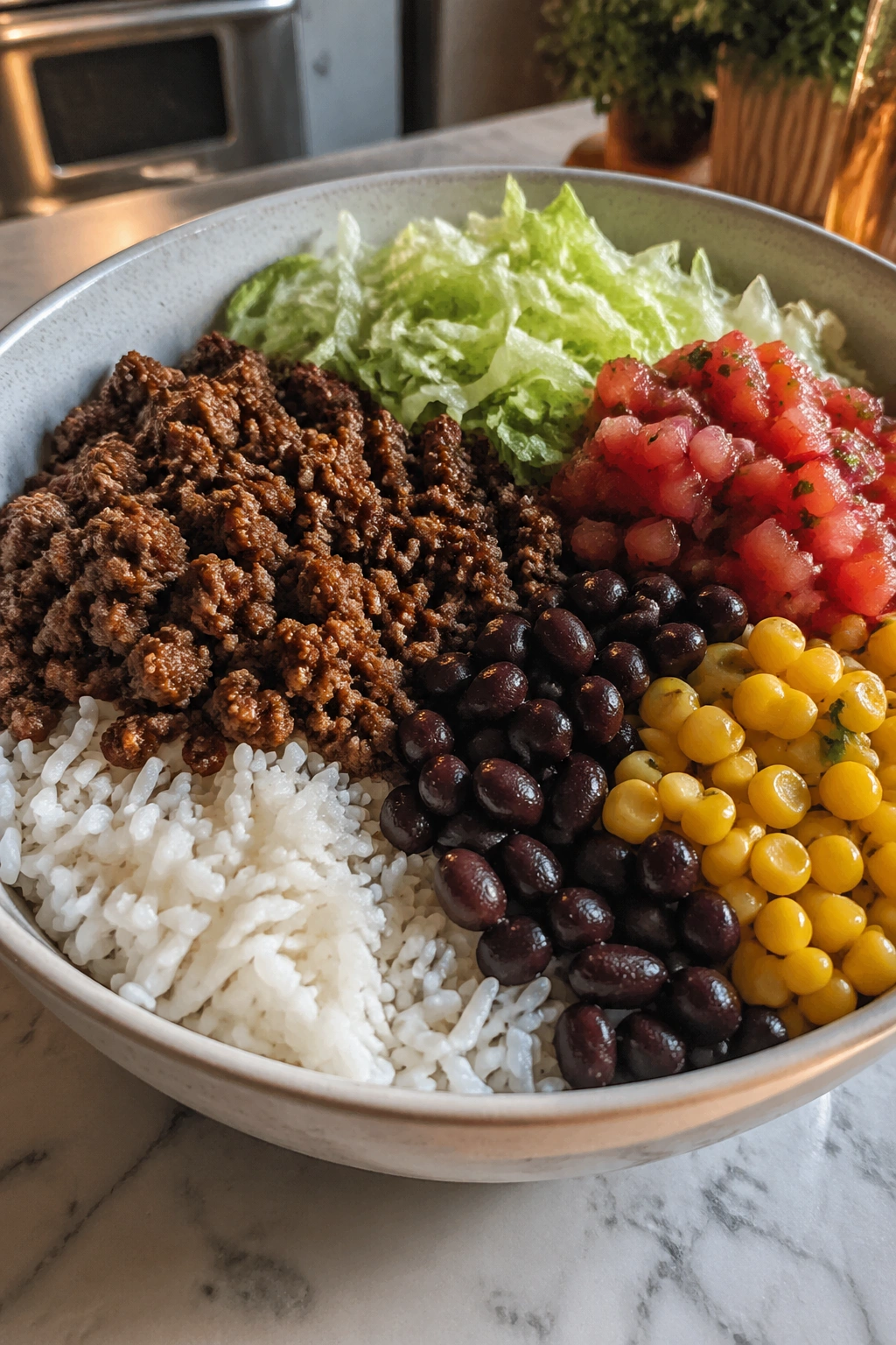 Lean beef burrito bowl with rice beans corn and salsa