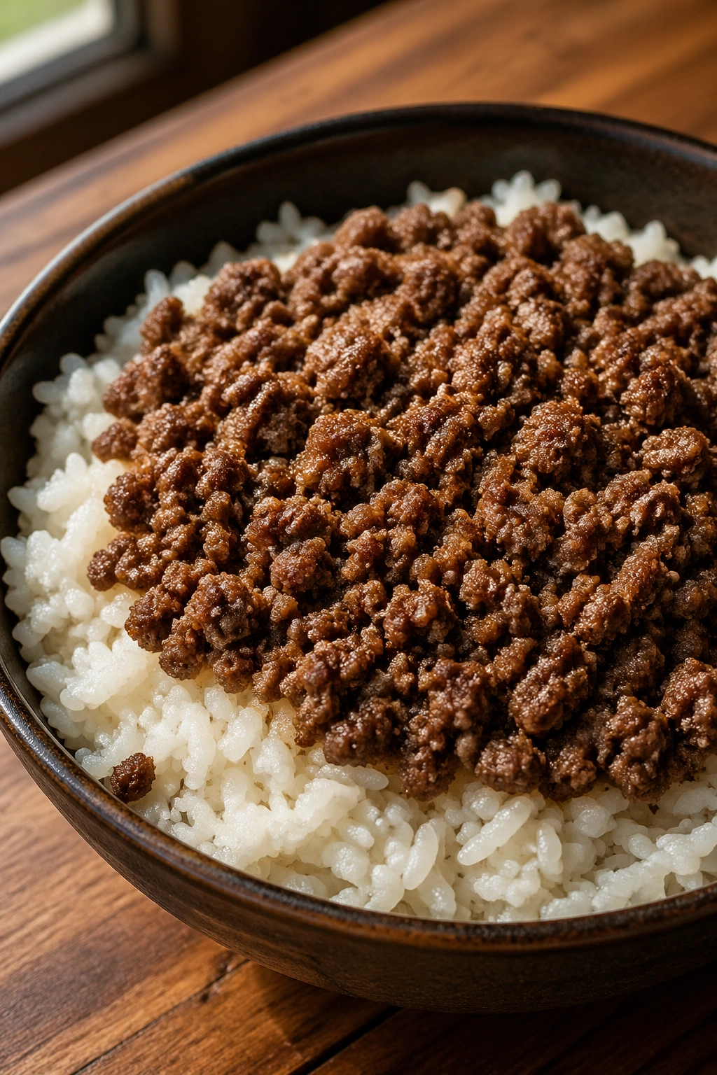 Close-up of beef over jasmine rice in a bowl for post-workout meal