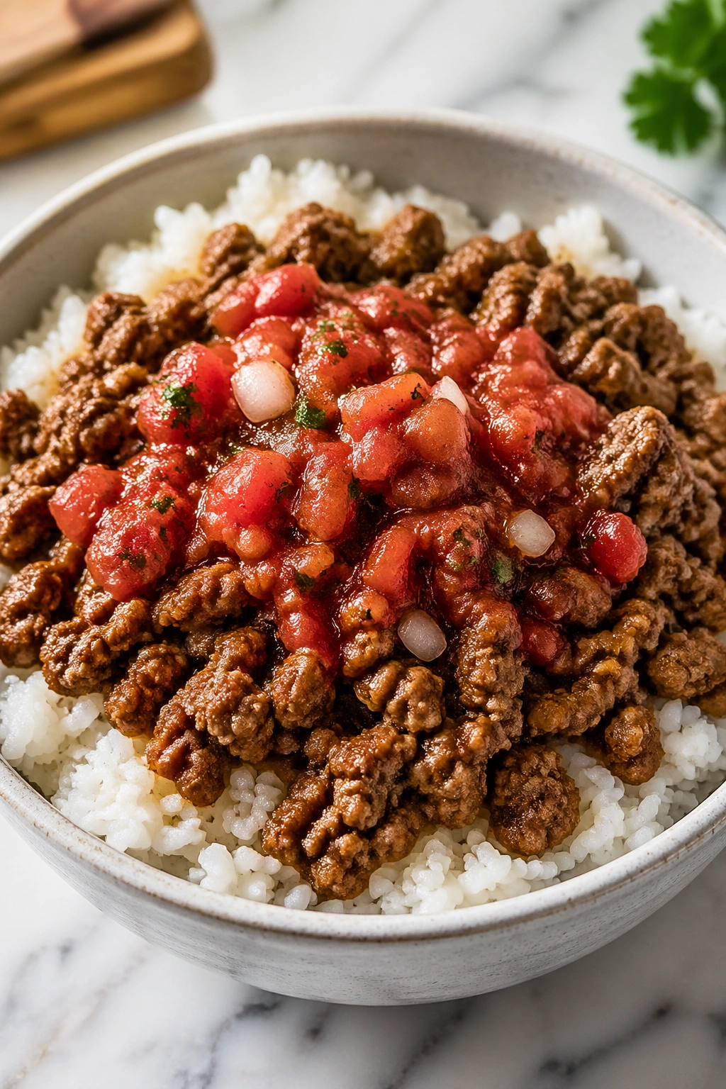 Close-up of lean beef over jasmine rice in a burrito bowl